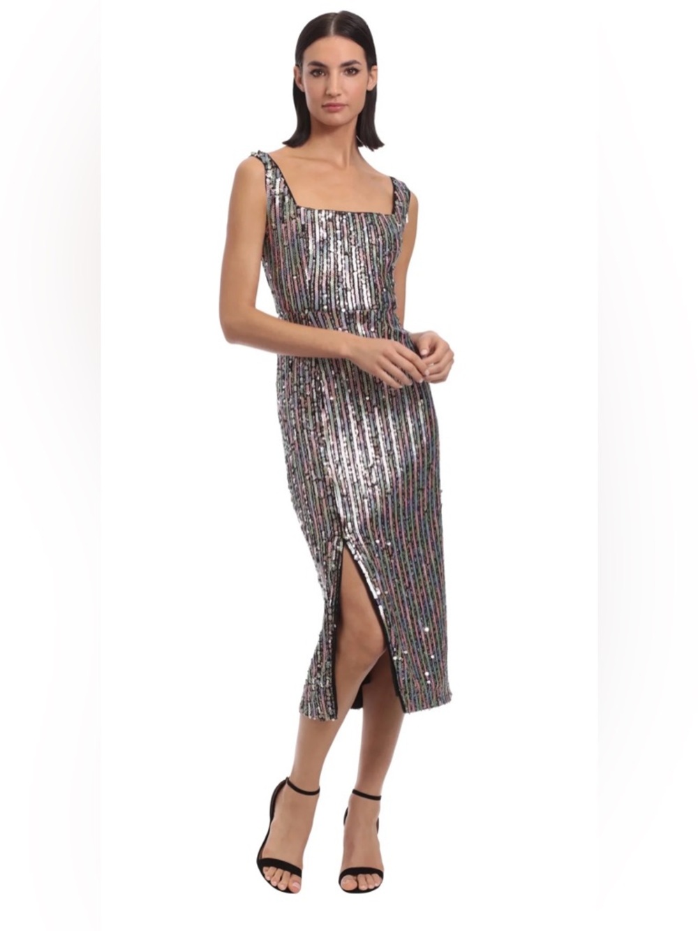 Donna Morgan Lux Sequin Striped Square-Neck Midi Dress in Silver Multi